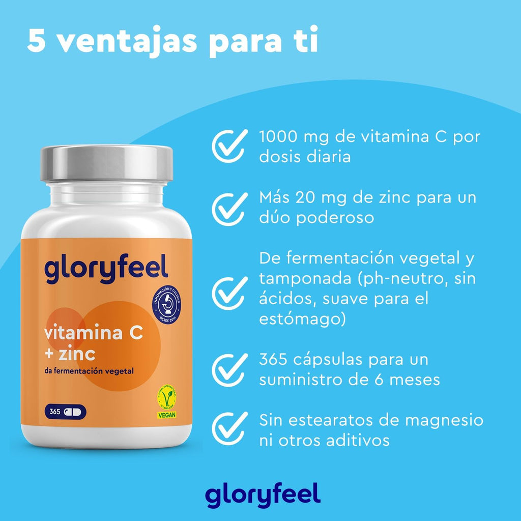 Vitamina C + Zinc - 365 Cápsulas - 1000Mg Vitamina C + 20Mg Zinc - Apoya El Sistema Inmunológico Y Reducen La Fatiga - Vitamina C Tamponada Con Protección Gástrica Y Ph Neutro - 100% Vegano