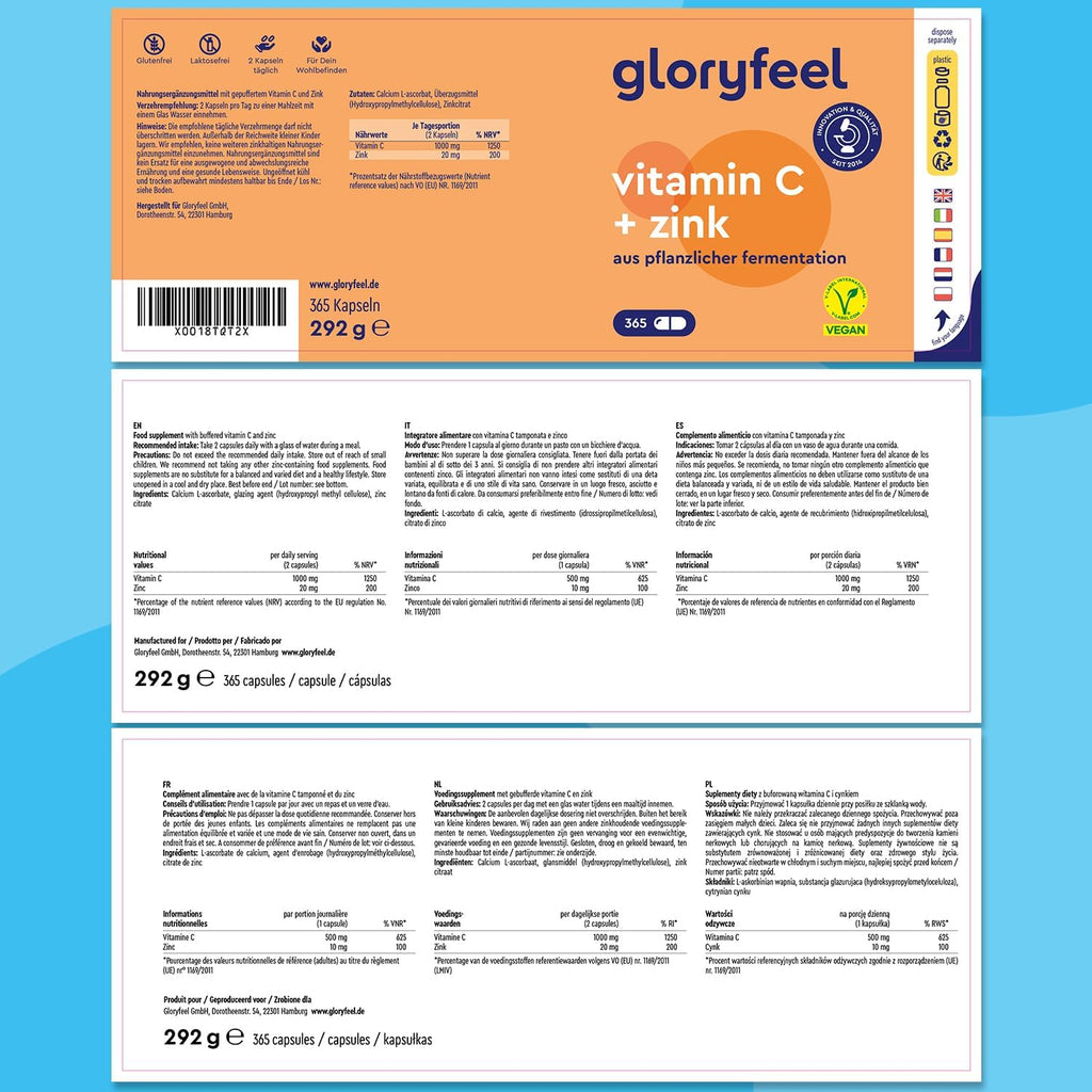 Vitamina C + Zinc - 365 Cápsulas - 1000Mg Vitamina C + 20Mg Zinc - Apoya El Sistema Inmunológico Y Reducen La Fatiga - Vitamina C Tamponada Con Protección Gástrica Y Ph Neutro - 100% Vegano